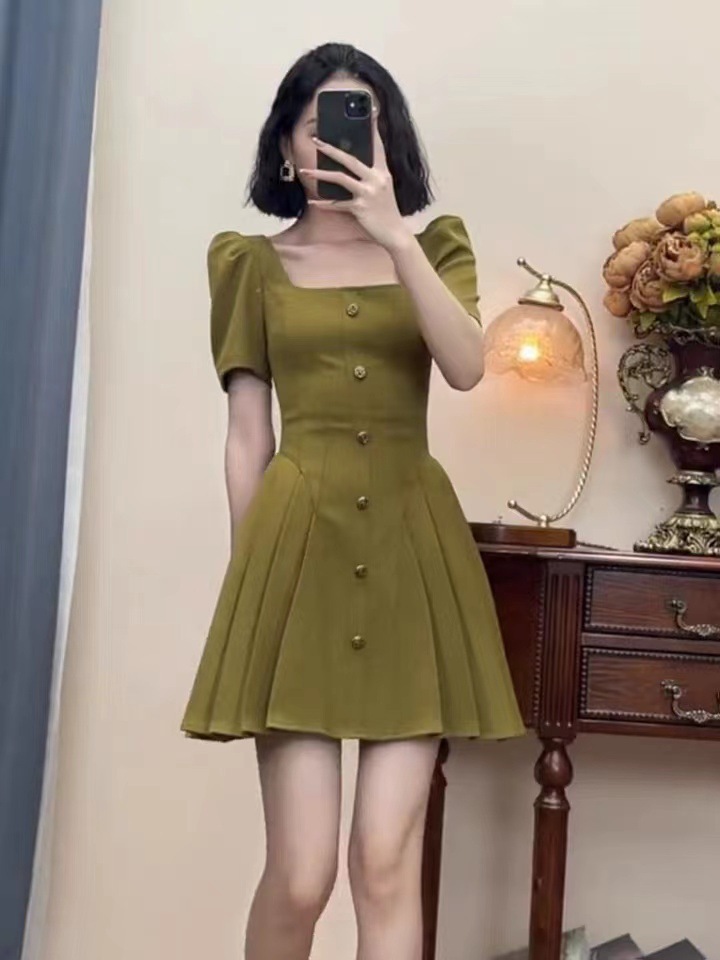 Đầm nữ cổ vuông kiểu Pháp chít eo tôn dáng — Màu xanh lá dáng dài, Màu xanh lục mẫu ngắn, Màu đen mẫu ngắn chi tiết 8