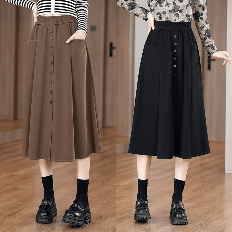 New Pocket Midi Skirt for Women, Spring, Summer, Autumn, Mid-Length, Elastic Waist, Casual, Slimming, High-Waisted, Loose Skirt