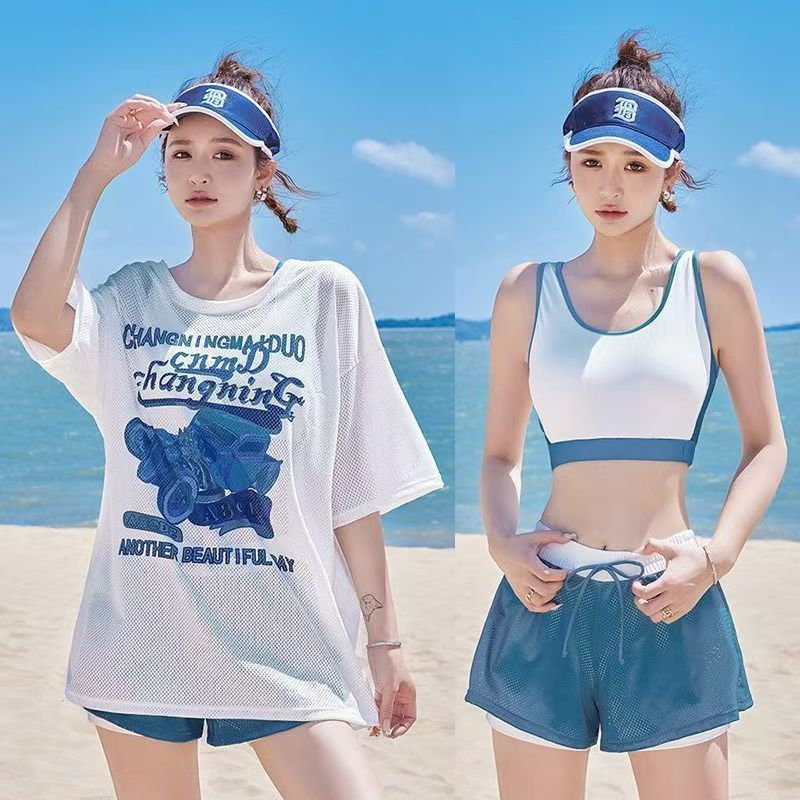 Women's Conservative Hot Pants Split Three-Piece Swimsuit, Loose Outer Shirt to Cover the Flesh and Slim Down, Vacation Swimsuit