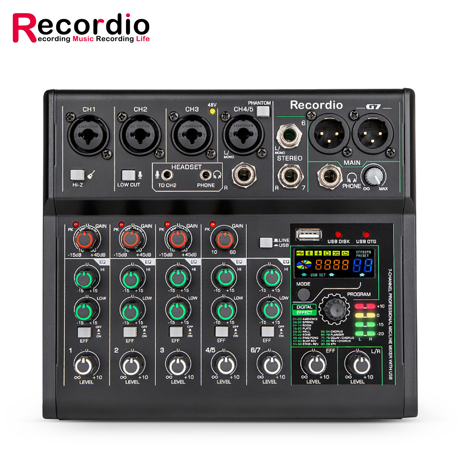 G7 跨境厂家蓝牙声卡七路电脑家用乐队录音演出舞台USB小型调音台