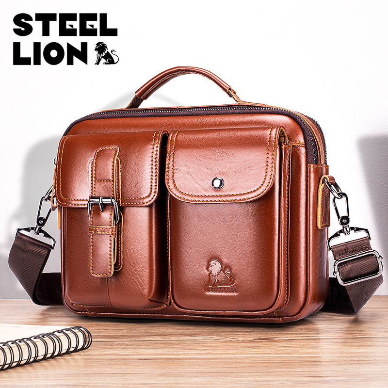 Steel Lion Cowhide Men's Shoulder Bag Retro First-Layer Cowhide Casual Crossbody Bag Men's Horizontal Handbag