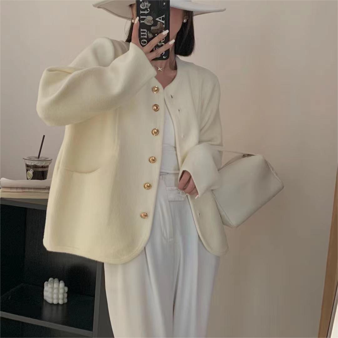 小香风单排扣双面毛呢外套女秋冬新款韩版宽松气质针织开衫上衣女