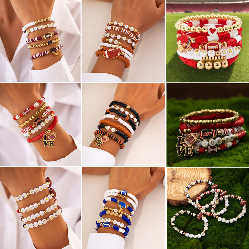 European and American Cross-border Jewelry Super Bowl Acrylic Beaded Bracelet Irregular Soft Ceramic Letter Alloy Bracelet suit