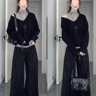 韩系巨好看早秋穿搭一整套2026新款黑色针织上衣女背心毛衣两件套