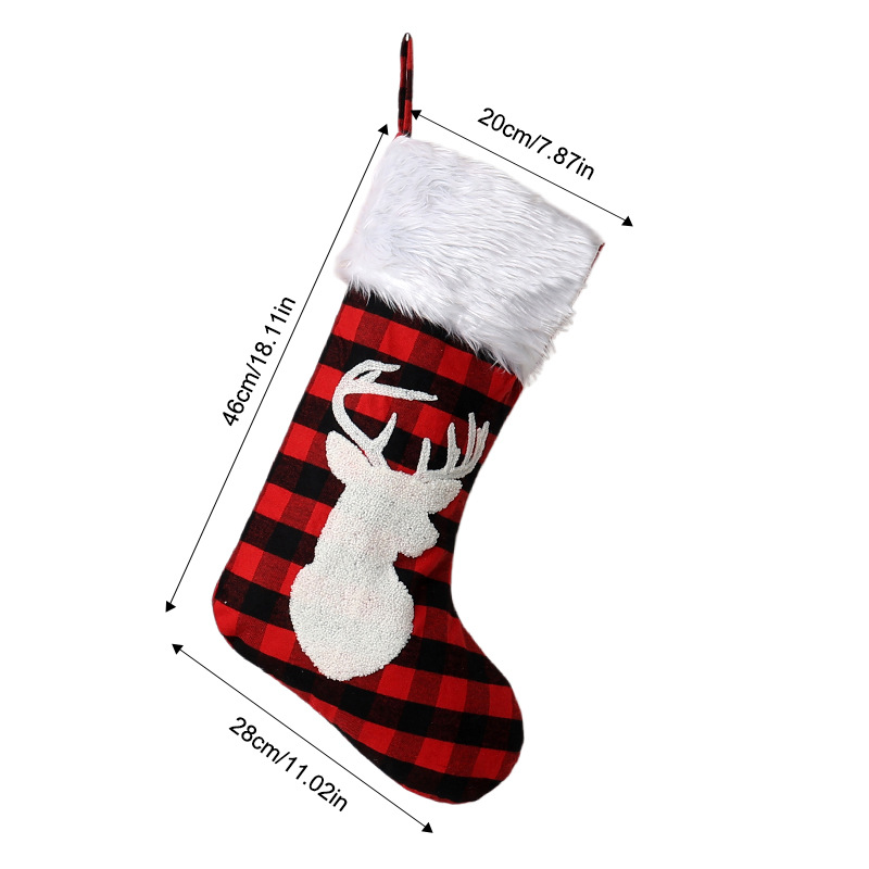 Red and black checkered long hair Christmas stocking elk head