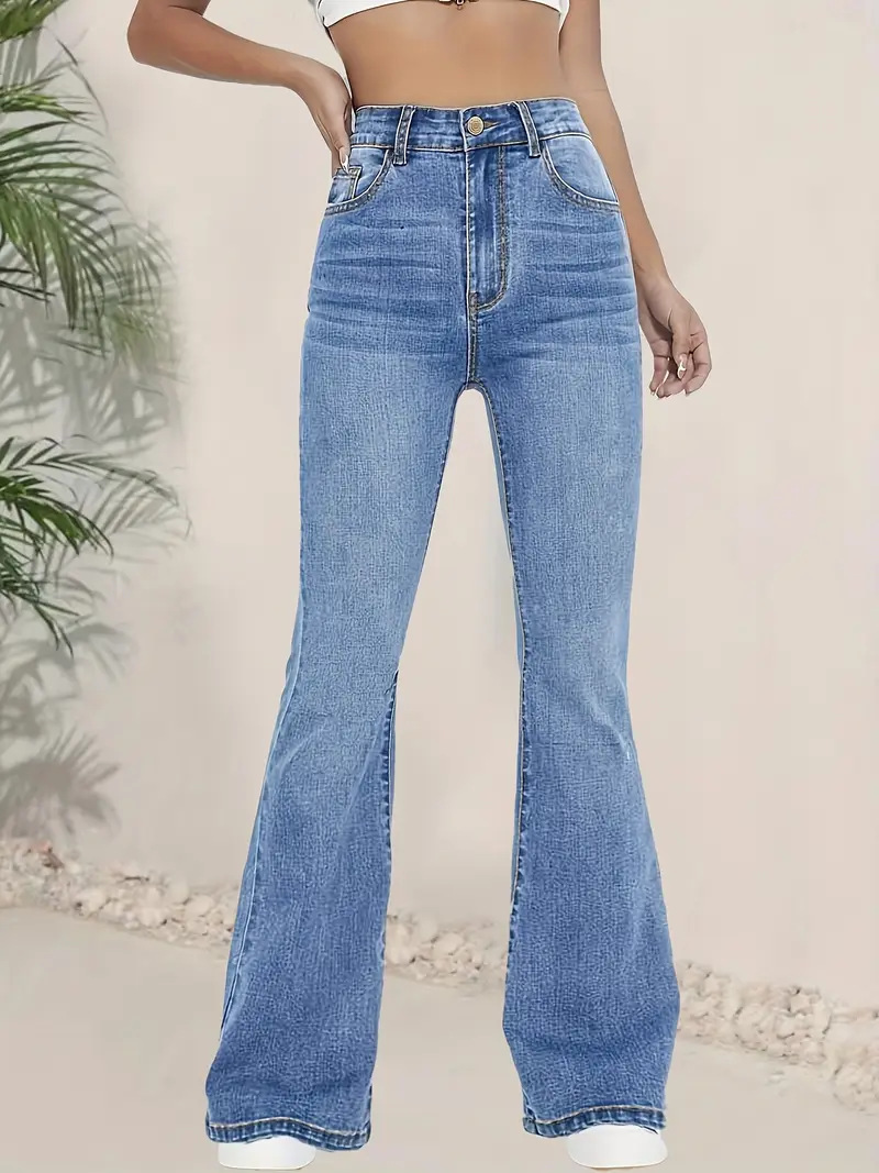 Jeans Acampanados de Tiro Alto para Mujer de Mezclilla de Algodón y Poliéster, Elásticos, para Uso Casual
