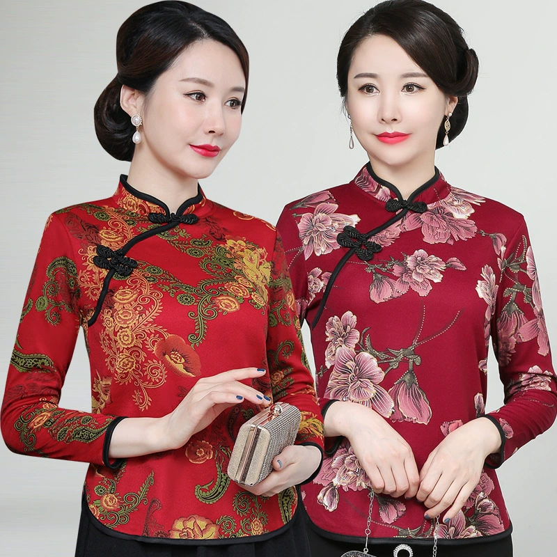 Футболка с длинными рукавами в стиле чонсам ретро мама одевает тонкий живот