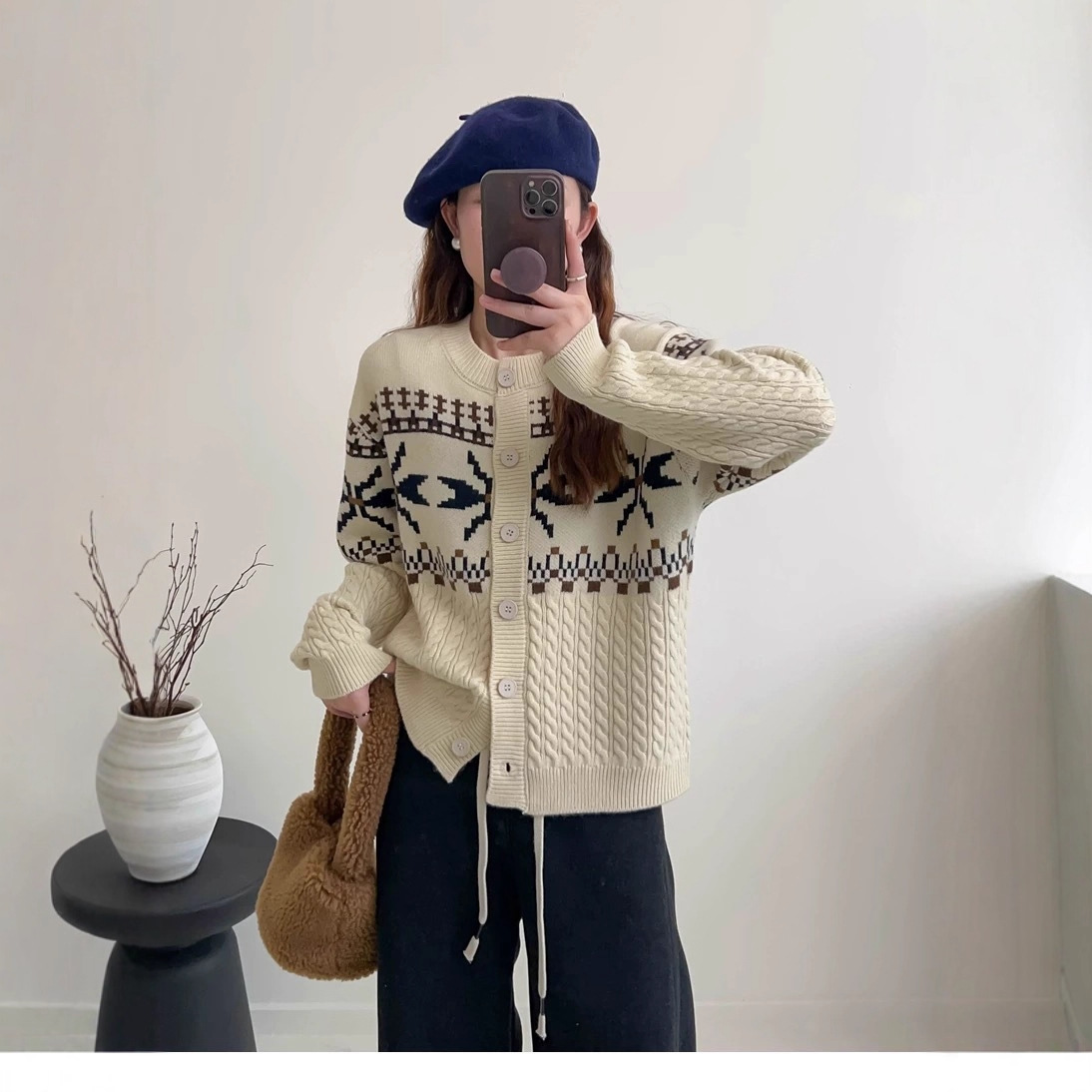 Jacquard torcido camisa de cuello redondo de punto Cardigan mujeres 2025 otoño y invierno nuevo estilo coreano suéter suelto abrigo image 1