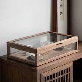 黑胡桃木茶具展示盒防尘茶杯五面透明玻璃收纳茶室桌面实木陈列柜