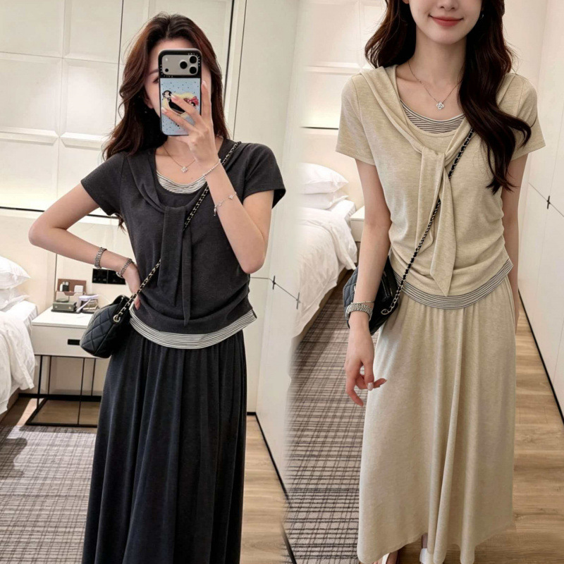 New Summer Set for Pregnant Women, Two-Piece Striped Casual Top + Skirt with Adjustable Waistband New Summer Set for Pregnant Women, Two-Piece Striped Casual Top + Skirt with Adjustable Waistband