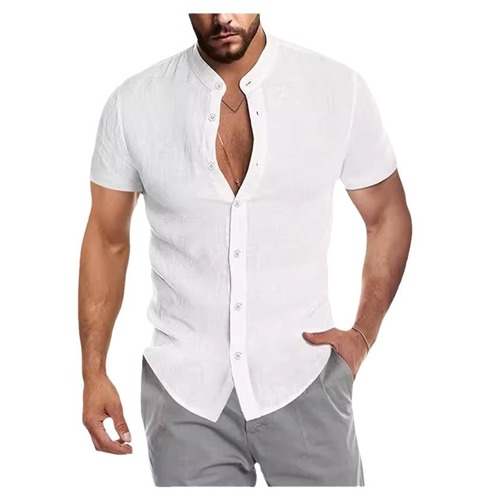 2024 Amazon eBay AliExpress Summer V-neck Linen New Open Collar Short Sleeve Men's Shirt