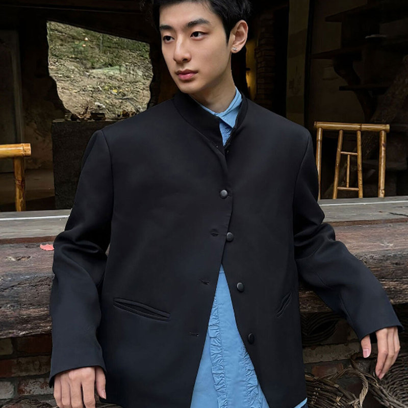 New Chinese Style Men's Right Shoulder Tuxedo Jacket Men's Autumn and Winter Engagement Suit High-End Stand-Up Collar Executive Jacket