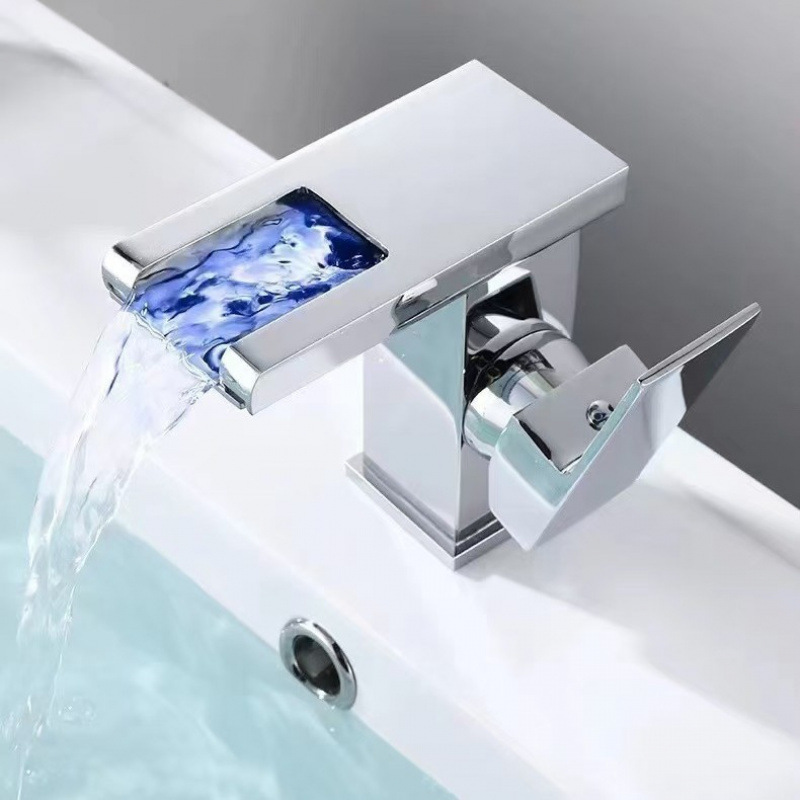 Grifo Mezclador de Cascada para Lavabo de Acero Inoxidable, con Luz LED, para Lavabo de Baño