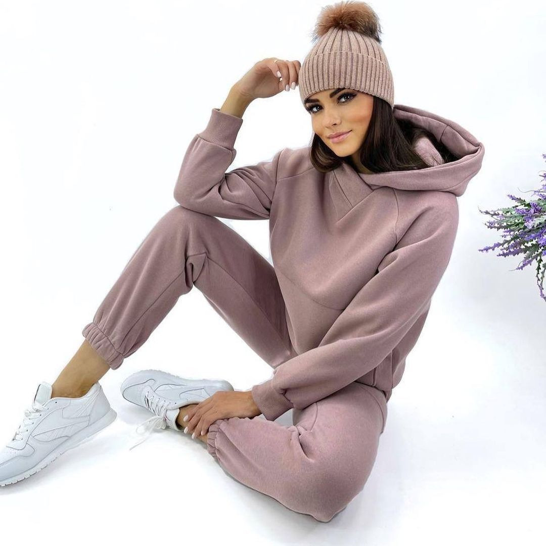 Hooded Loose Casual Top Two Piece 2024 Autumn/Winter New Brushed Women's Sweater Sports Set_voghion.com