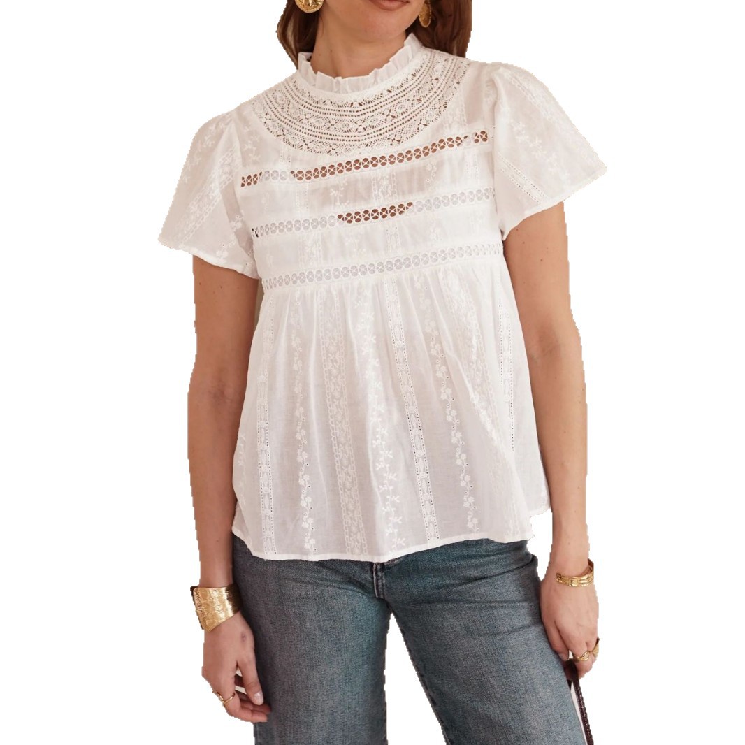 Transfronterizos Europa y América ropa de mujer de verano cuello de encaje hueco de manga corta Jacquard francés elegante camiseta de moda de cuello de encaje image 6