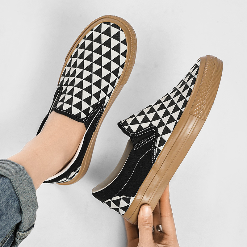 Black and white plaid canvas shoes women...