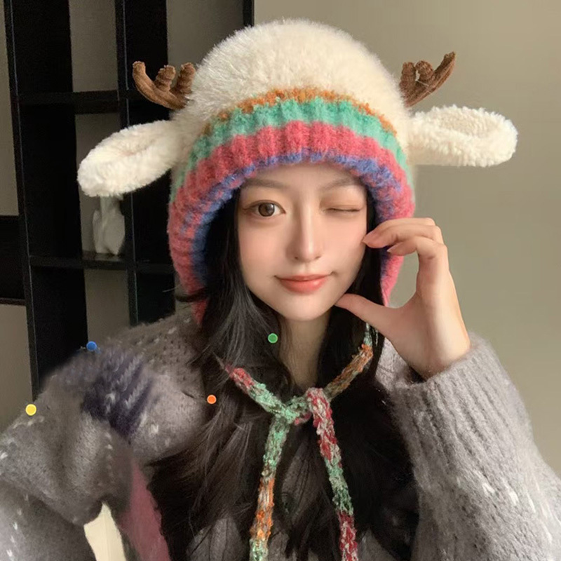 かわいい鹿の角の毛の帽子の子供の秋冬の保温のひものニットの耳の雷の前線の帽子の甘美なセットの帽子|undefined
