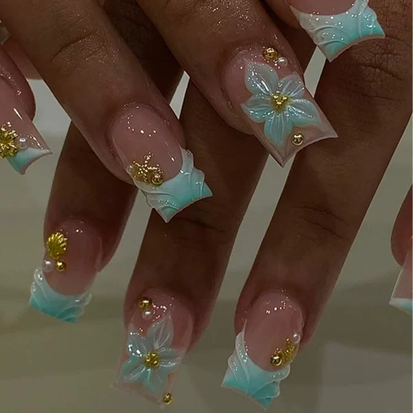 LeFan Manicure 3D Gradient French Style Wearable Nails Medium-Long Square Flower Pearl Rhinestone Foreign Trade False Nails Wholesale