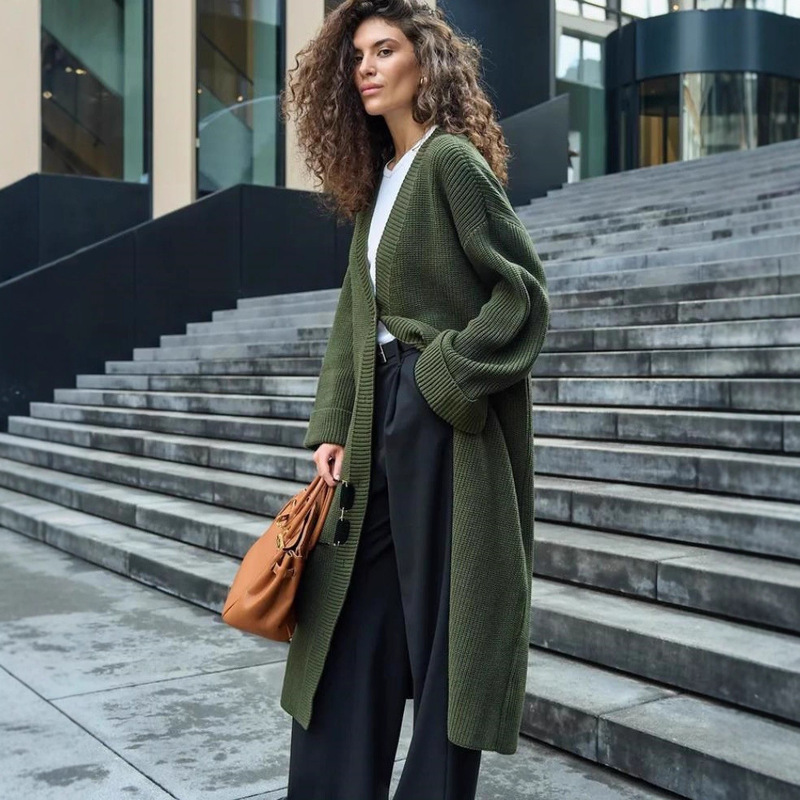 European and American Cross-Border Autumn and Winter Women's Clothing Extended Cardigan Knitwear Pure Color Casual Loose Outwear Knitwear Amazon