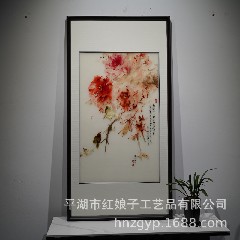 陈志才大师花鸟画蚕丝线苏绣刺绣成品带框玄关过道走廊客厅装饰画