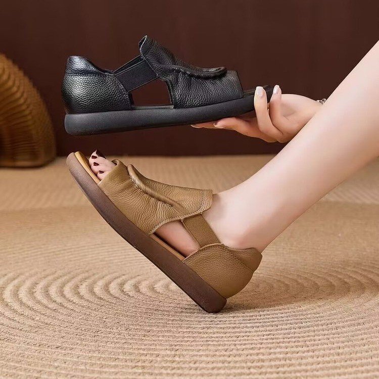 简约百搭平底凉鞋女软皮2025夏季新款软皮镂空露趾罗马凉鞋松紧带