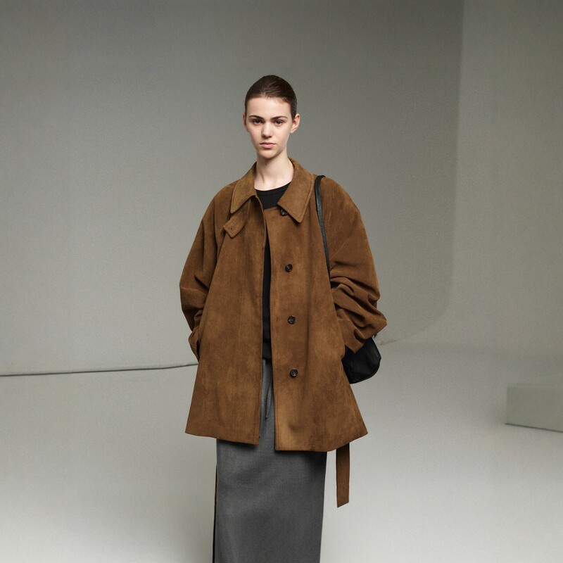 Nothing written. Suede leather jacket for women, new autumn/winter style, mid-length trench coat with a sophisticated look and tie detail
