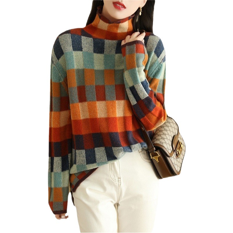 Suéter de punto a cuadros colorido para otoño e invierno, cuello alto, estilo informal, suéter básico entallado a cuadros para mujer, suéter a cuadros colorido para mujer.