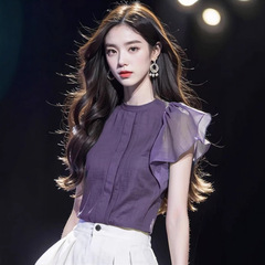 今年人気の美しい小さなシャツ、ハイエンド、シックで超見栄えの良いフレンチピンチウエストパープルシャツトップス、女性用夏