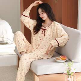 春秋新款纯棉女士长袖长裤开衫睡衣印花休闲女家居服图片色圆领