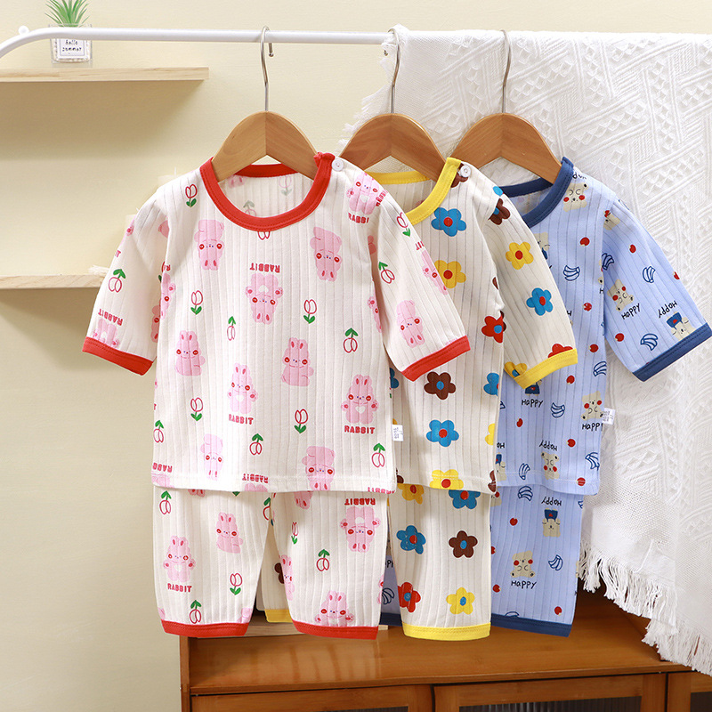 Ropa para niños nueva ropa de aire acondicionado para niños ropa de algodón para el hogar ropa interior de manga tres cuartos de estilo coreano traje de pijamas para bebés al por mayor
