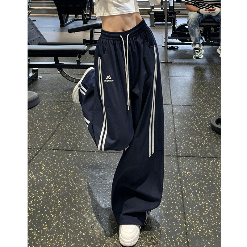 Navy blue American-style embroidered quick-dry double-pocket work pants for women, new summer model, simple straight-leg sports wide-leg pants Navy blue American-style embroidered quick-dry double-pocket work pants for women, new summer model, simple straight-leg sports wide-leg pants