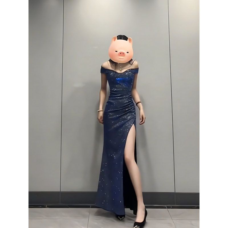 French Sparkling and Noble Banquet Tube Top Dress with Elegant Waist and Slit Dress
