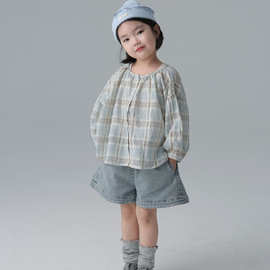 韩国童装2024韩版夏季新款女童格子衬衣针织吊带背心宽松牛仔短裤