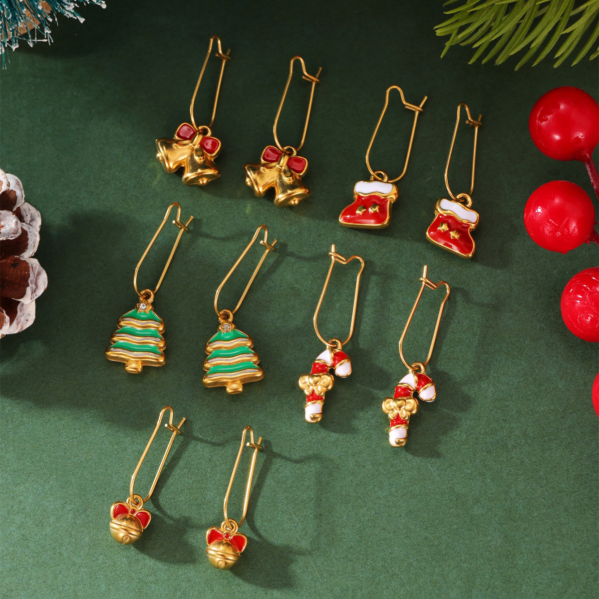 AliExpress Cross-Border Colorful Stainless Steel Modern Minimalist Christmas Tree Bell Earrings for Women, Christmas Style Ear Accessories