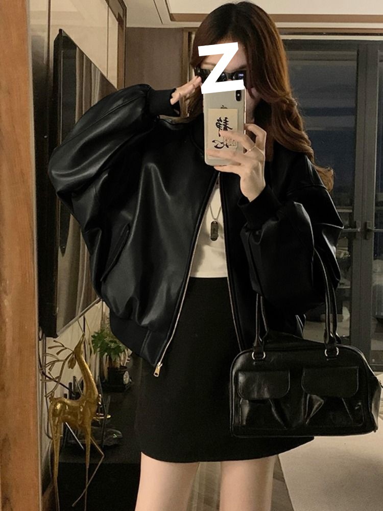 黑色复古廓形皮衣外套皮夹克女春季新款甜酷风机车服棒球服上衣潮