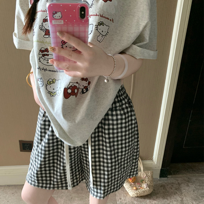 Dibujos animados Hellokitty pijamas estampados mujer 2025 nuevo verano algodón de manga corta pantalones cortos traje de servicio a domicilio
