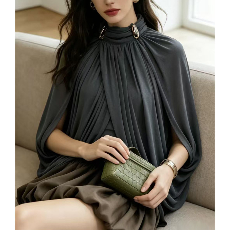 Influencer-Style 2026 Spring New Fashion Elegant Metal Buckle Shawl Design Loose Chiffon Blouse for Women