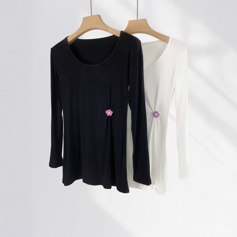 Small Fresh Long Long Long-sleeved T-shirt Women's Tight Waist Slimming U-collar Base Shirt Purple Floral Pleated Design Top