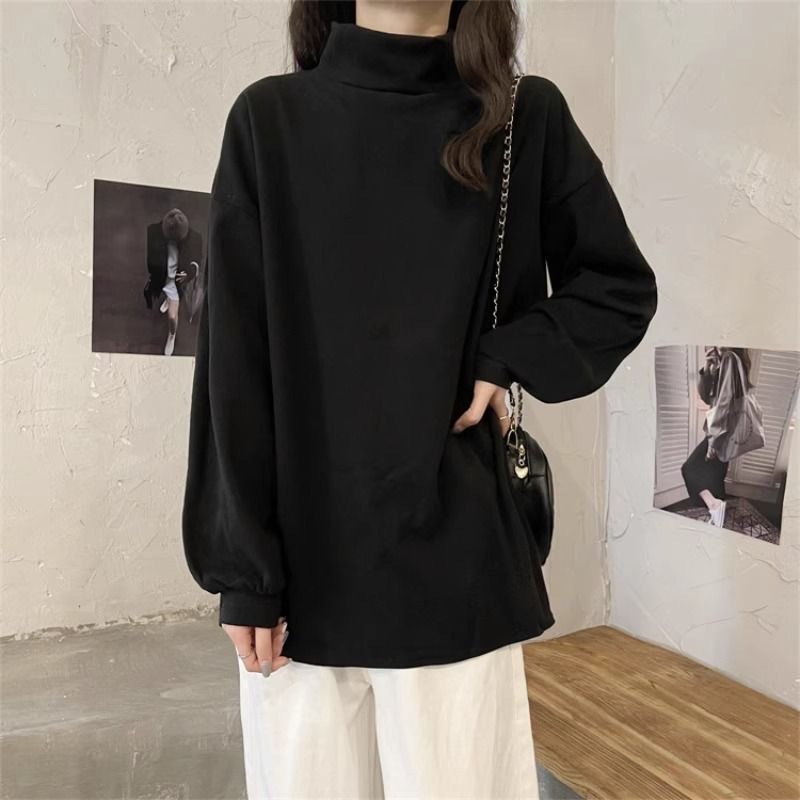 Loose-Fitting, Butt-Covering, Double-Sided German Velvet Thickened Half-High Collar Base Layer Women's Inner Wear for Spring and Autumn, Brushed Thermal Long-Sleeve T-Shirt
