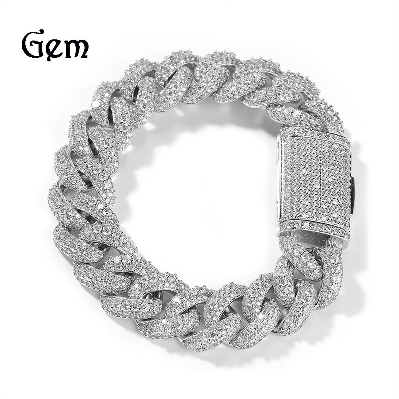 European and American Hip Hop Bracelet Niche High-end Men's Fashion Box Buckle Copper Set Zircon silver 18mm Cuban Chain Bracelet