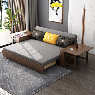Solid Wood Folding Double-purpose Bed Small Apartment Fabric Multi-function Living Room Push-pull Storage Sit New Chinese Sofa Bed