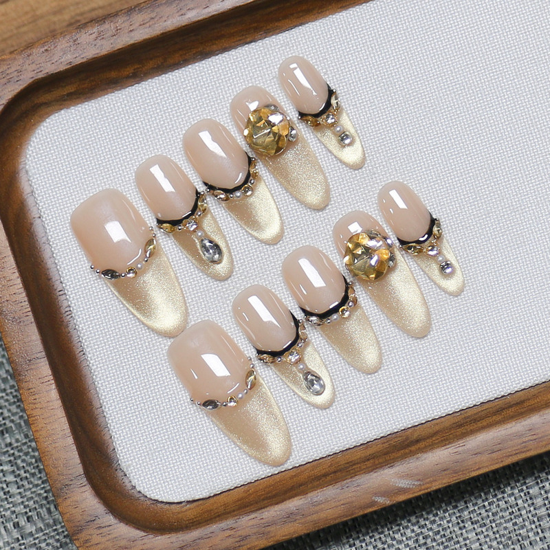 Purely Handmade Sparkling Light Champagne Color Cat Eye Nail Art Stickers with French Lines and Luxurious Crushed Rhinestones Purely Handmade Sparkling Light Champagne Color Cat Eye Nail Art Stickers with French Lines and Luxurious Crushed Rhinestones