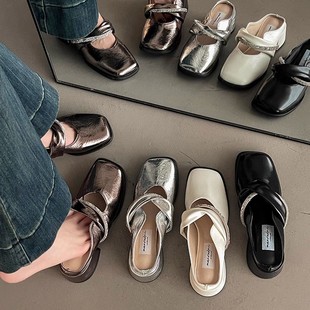 French Style Thick Heel Baotou Sandals and Slippers 2025 New Fashion Dress Wedge Heel Half Slippers Summer Outer Wear Leather Shoes