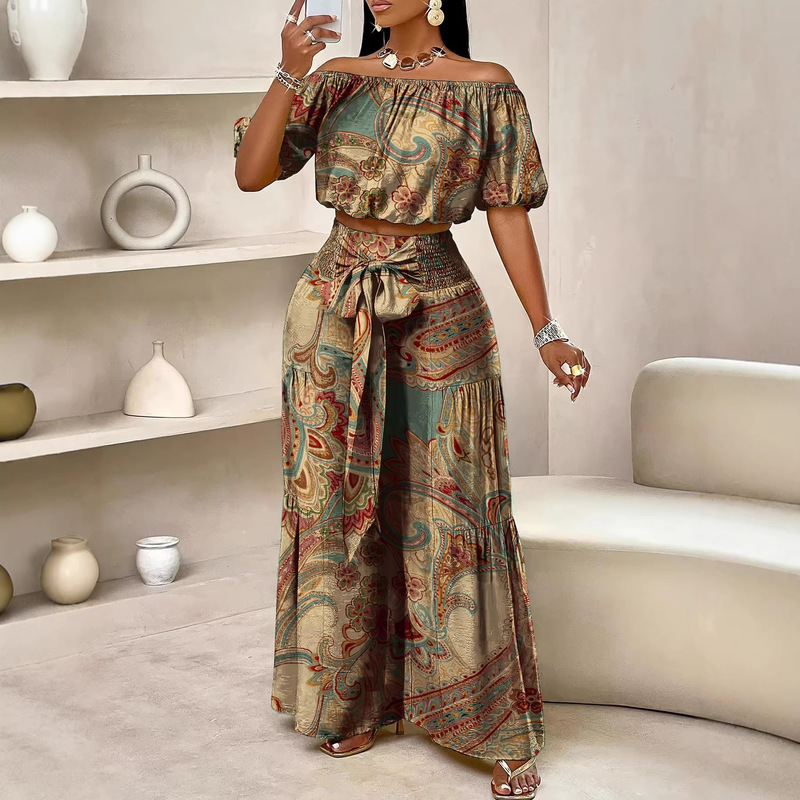 Summer Paisley Print Retro Vacation Two-Piece Set Off-Shoulder Puff Sleeve Crop Top High-Waisted Drawstring Wide-Leg Pants Summer Paisley Print Retro Vacation Two-Piece Set Off-Shoulder Puff Sleeve Crop Top High-Waisted Drawstring Wide-Leg Pants