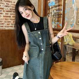 牛仔背带连衣裙女法式设计感小众高级感宽松复古盐系单排扣裙子潮