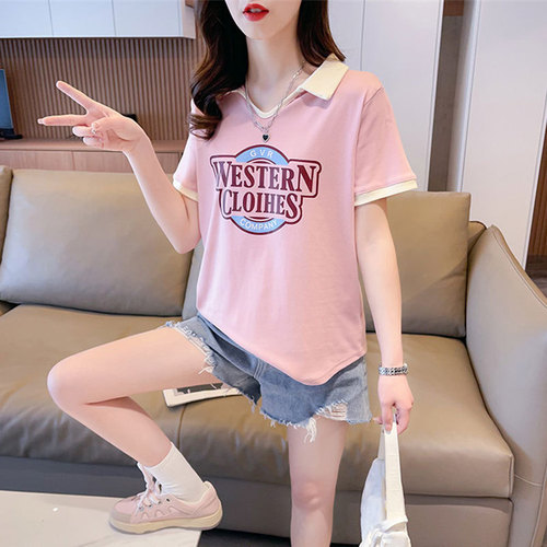 Women's 2025 Summer Oversized Polo Collared Short-Sleeve Letter T-Shirt for Plus Size, Loose and Slimming Fashion Top