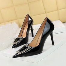 6122-3K66 Banquet High Heels Women's Shoes Thin Heels Super High Heels Lacquer Leather Shallow Mouth Pointed Water Diamond Metal Buckle Single Shoes
