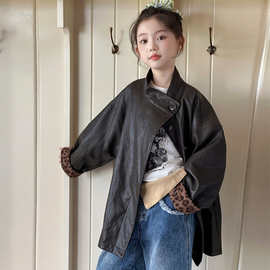 女童皮衣外套2026新款秋季儿童洋气时髦豹纹拼接中大童休闲上衣潮