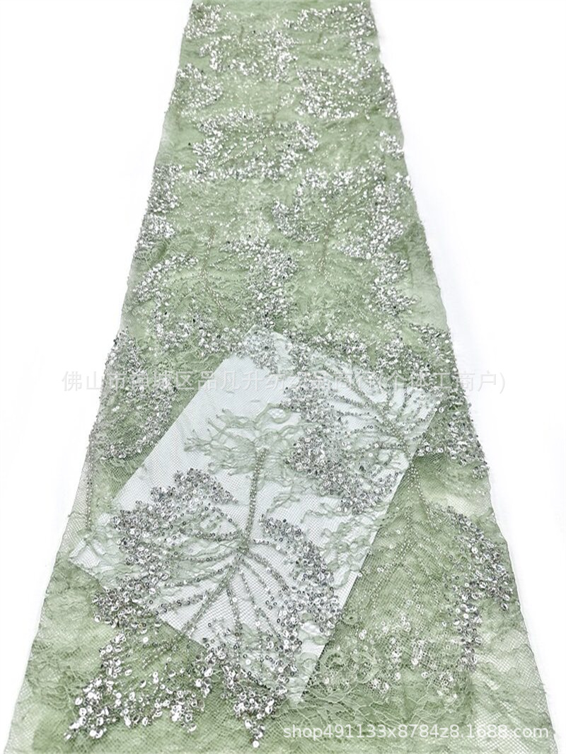 Nuevo encaje de hoja de arce hecho a mano tela de cuentas de clavado sequilla cola de pescado vestido de brindis cena anual vestido de tela en stock