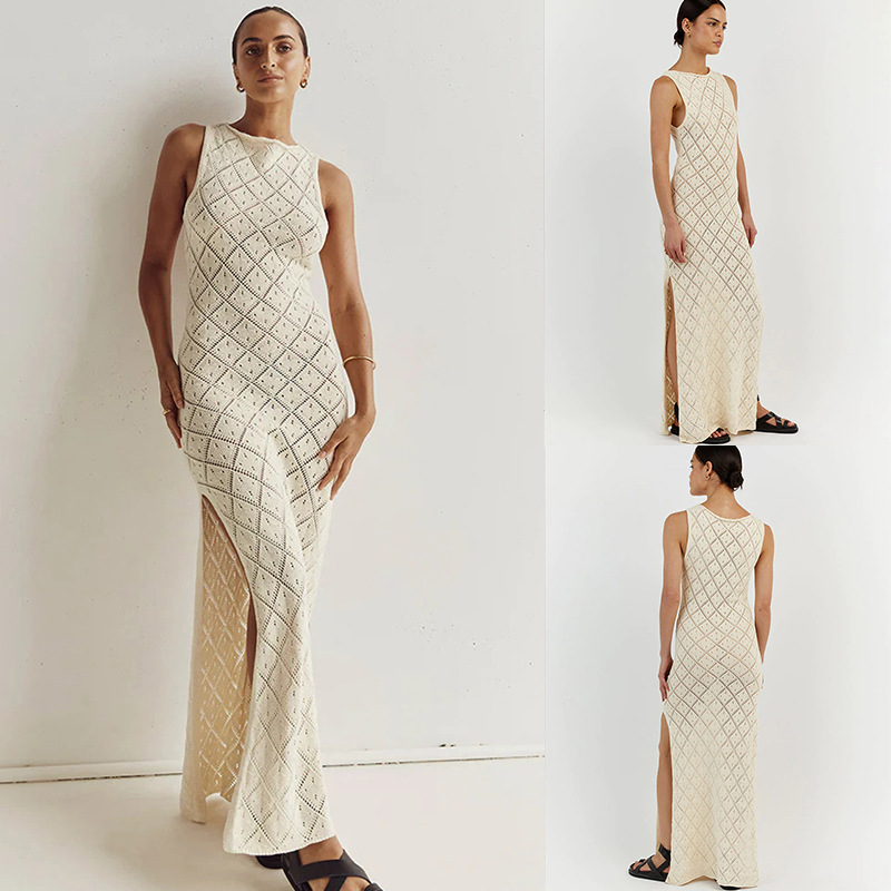 Europea y americana sexy crocheted hueco-fuera de punto split vestido de las mujeres bikini traje de baño al aire libre vacaciones playa blusa